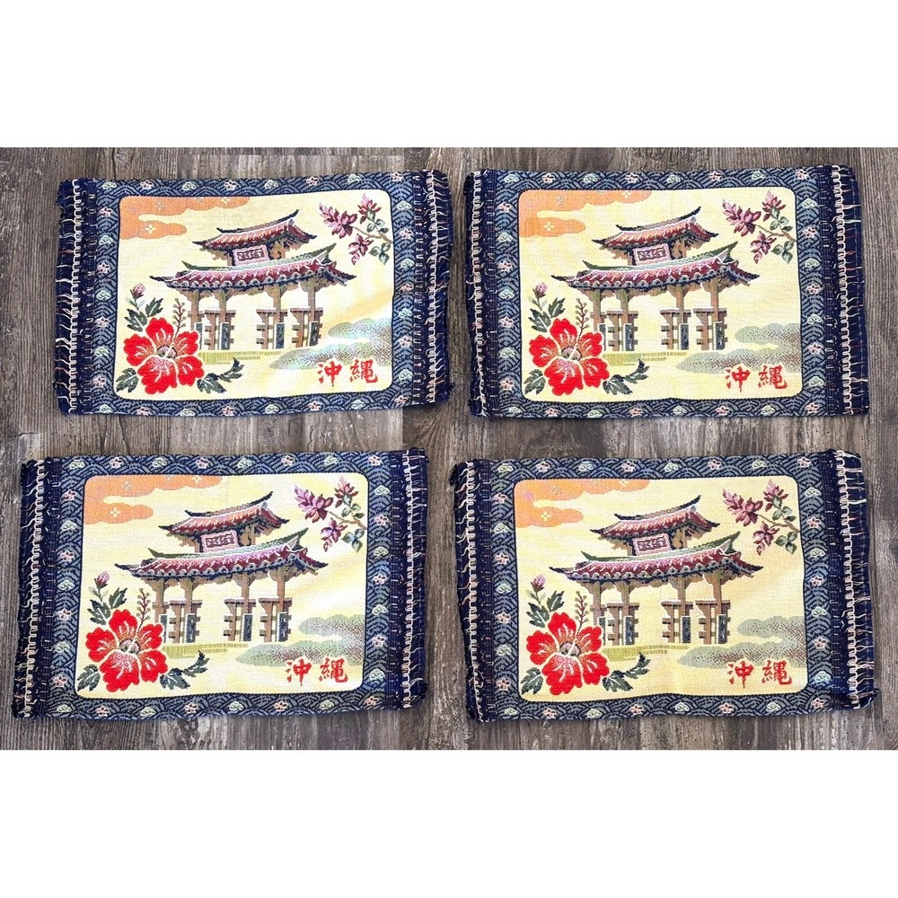 Vintage Set of 4 Okinawa Japan Embroidered Tapestry Place Mats Hibiscus Temple